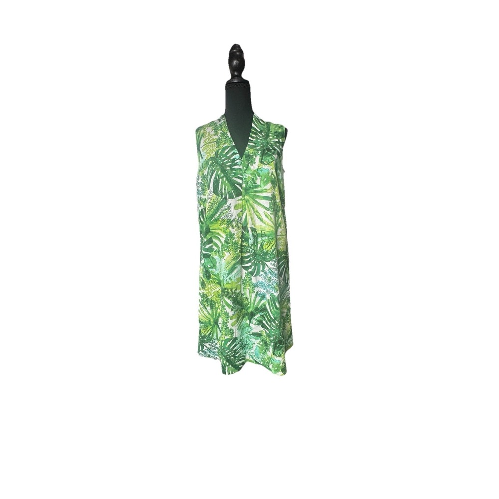 TOMMY BAHAMA Fronderlust Leaf Print  Tropical Green Linen Blend Dress Size L‎ - Picture 3 of 6